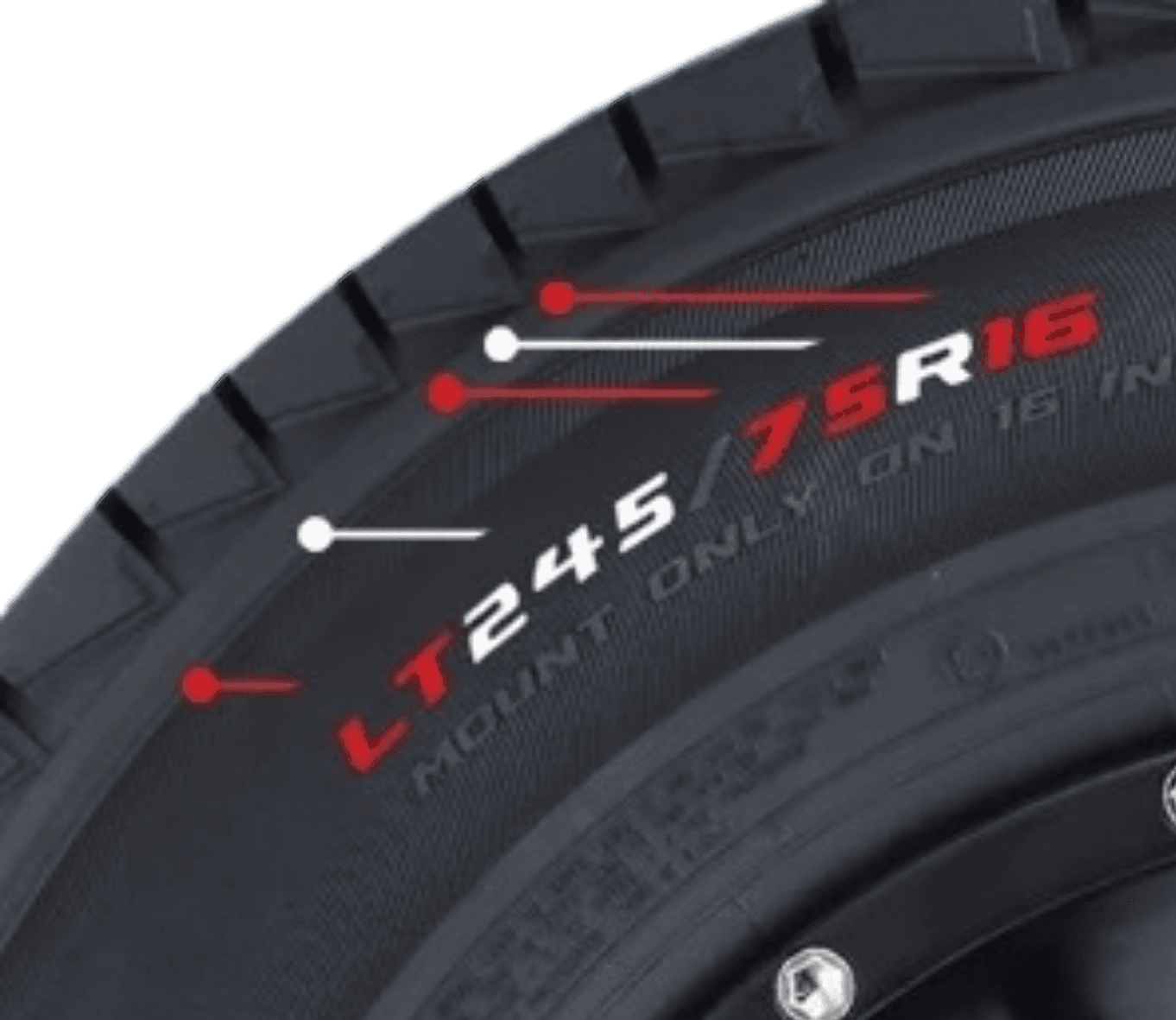 Tire sidewall showing size code