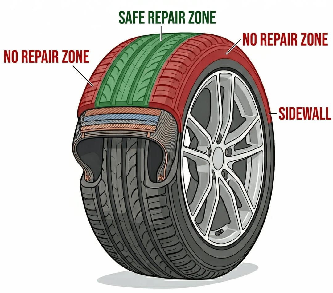 Tire Puncture Safe and Unsafe Zones Diagram