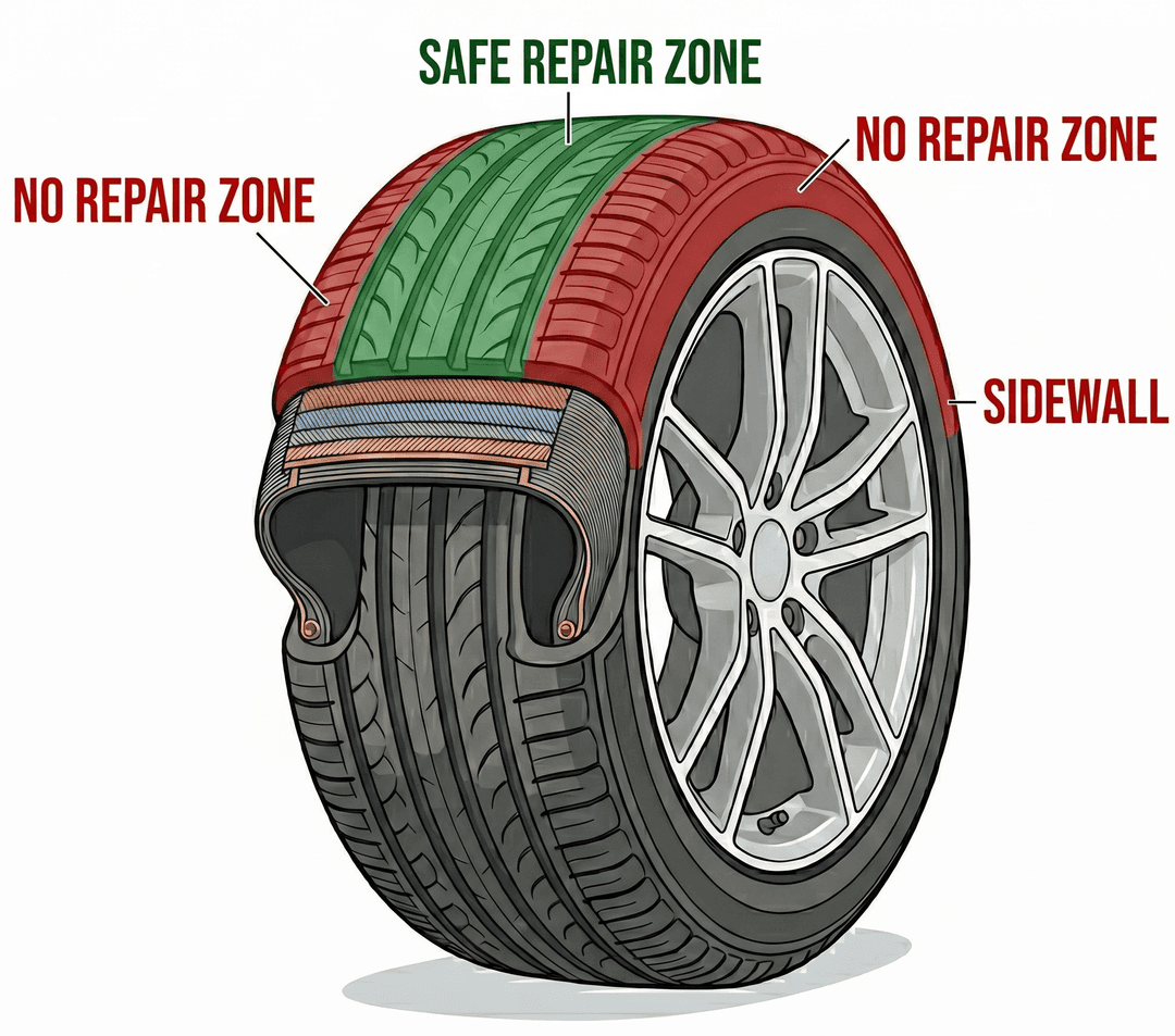 Tire Puncture Safe and Unsafe Zones Diagram